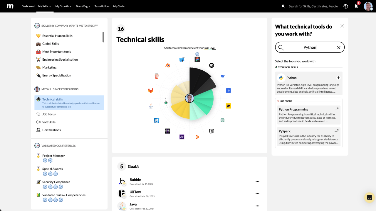 02 muchskills my skills page showing how a user can add technical skills to their profile