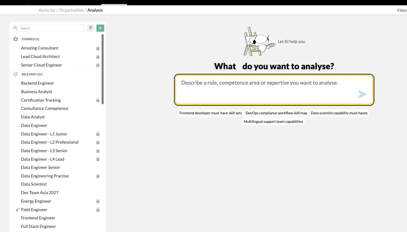 Team/Org › Analysis with the What do you want to analyse? box highlighted, where you describe a role and let AI suggest skills