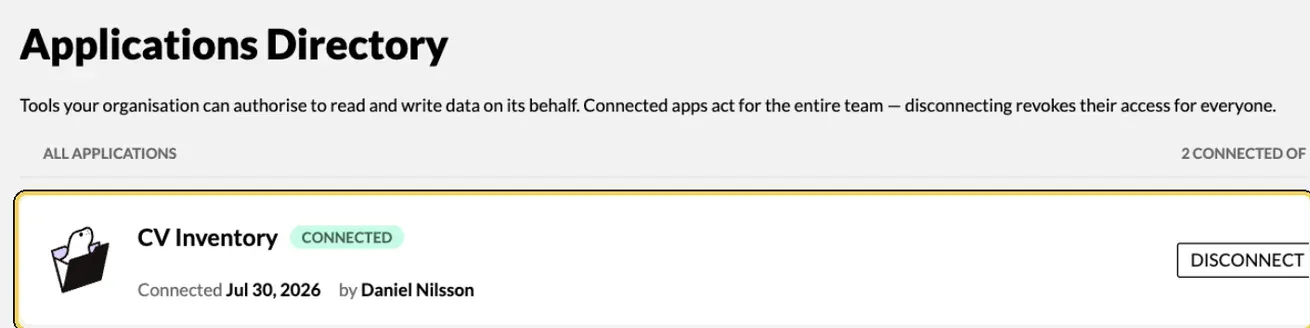 Team/Org › Settings › Applications with CV Inventory marked Connected