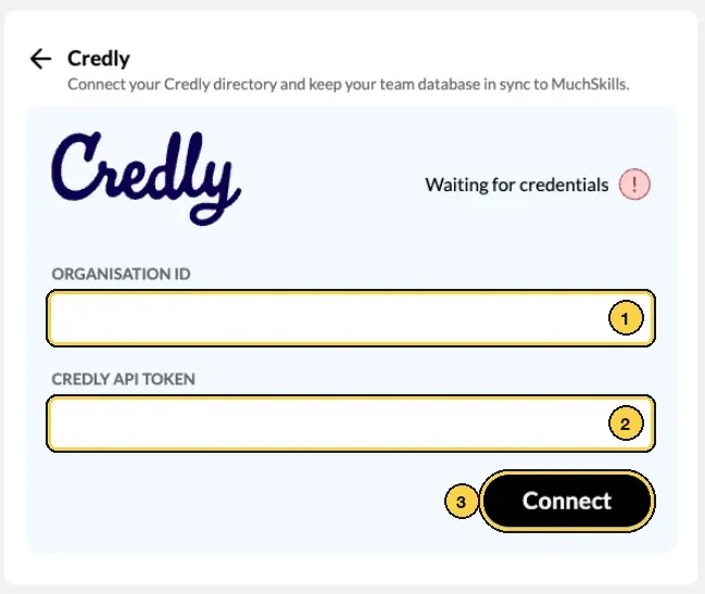 The Credly form in MuchSkills with its three parts numbered: 1 Organisation ID, 2 Credly API Token, 3 the Connect button