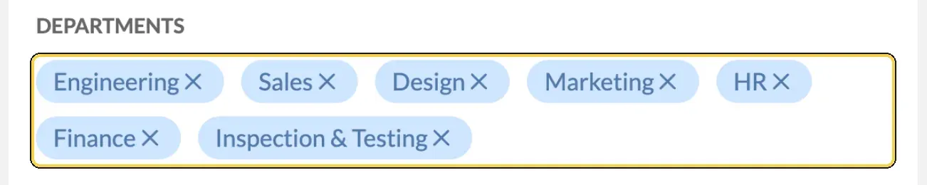 Team Settings with the Departments field highlighted, showing departments added as tags
