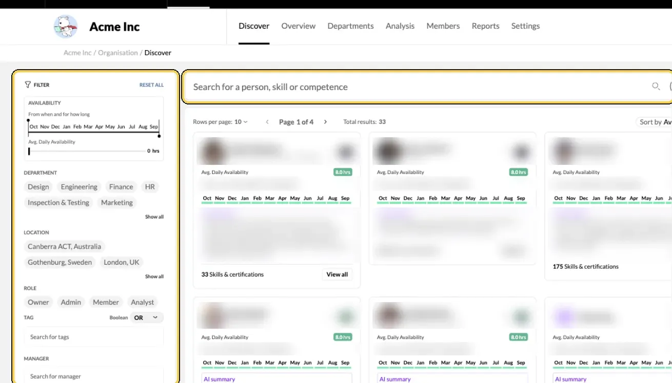 Discover with the search bar and the filters highlighted; the people cards are blurred