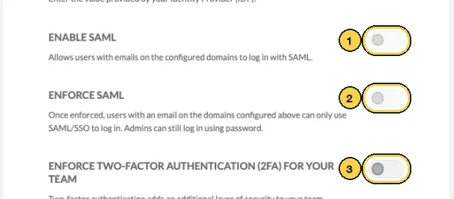 The Security & SAML screen with the switches Enable SAML, Enforce SAML and Enforce two-factor authentication (2fa) for your team, numbered 1 to 3