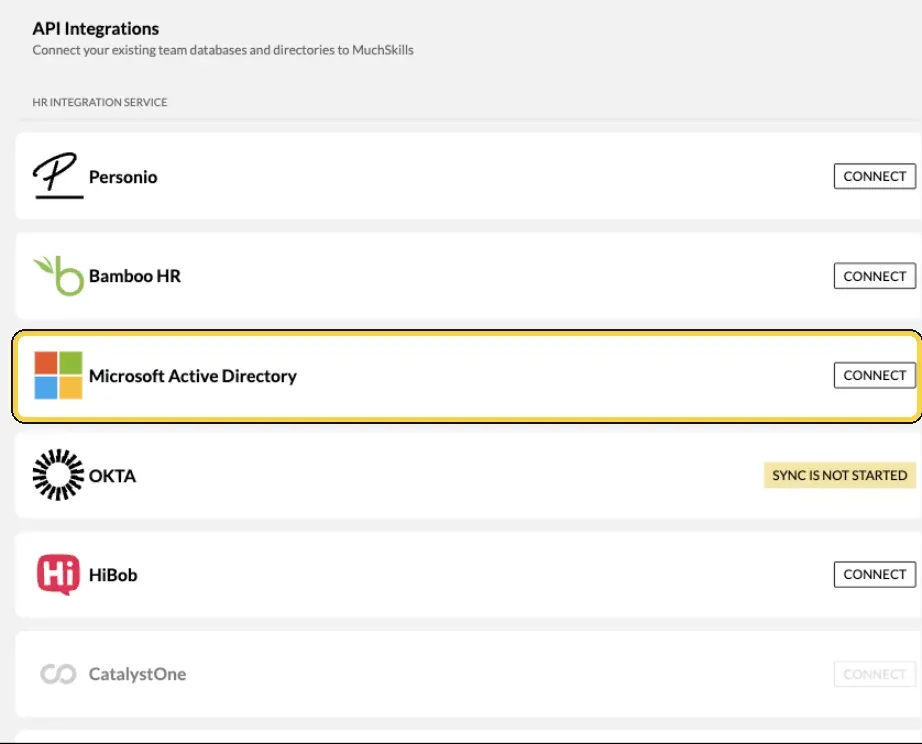 Team/Org › Settings › Integrations with the self-serve HR connectors and their Connect buttons