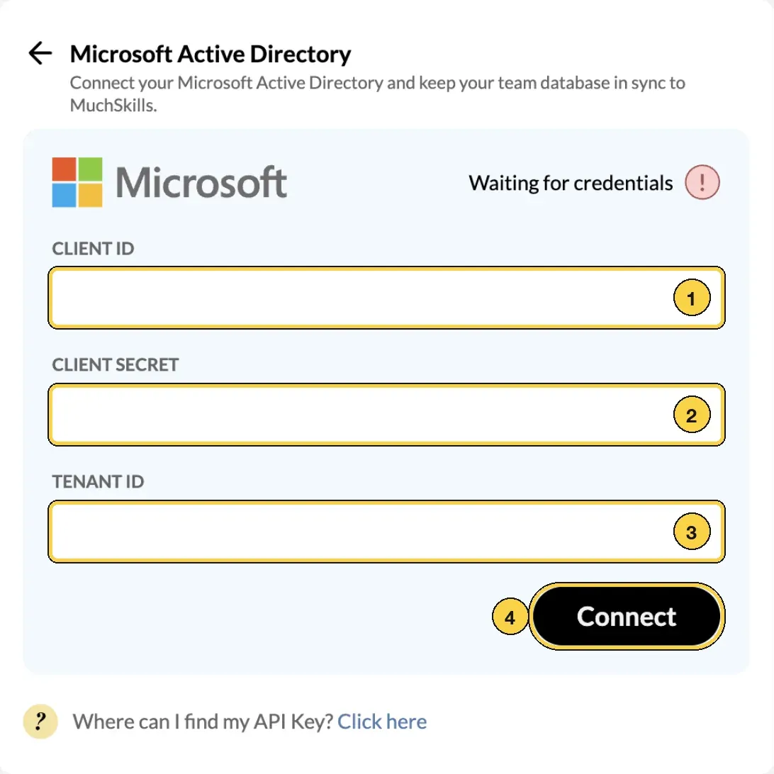 The Microsoft Active Directory form in MuchSkills with its four parts numbered: 1 Client ID, 2 Client secret, 3 Tenant ID, 4 the Connect button