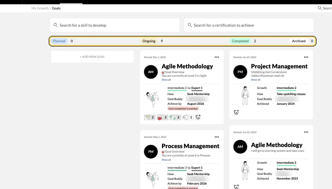 My Growth › Goals with the Planned, Ongoing, Completed and Archived columns highlighted and goal cards; goal buddy names blurred