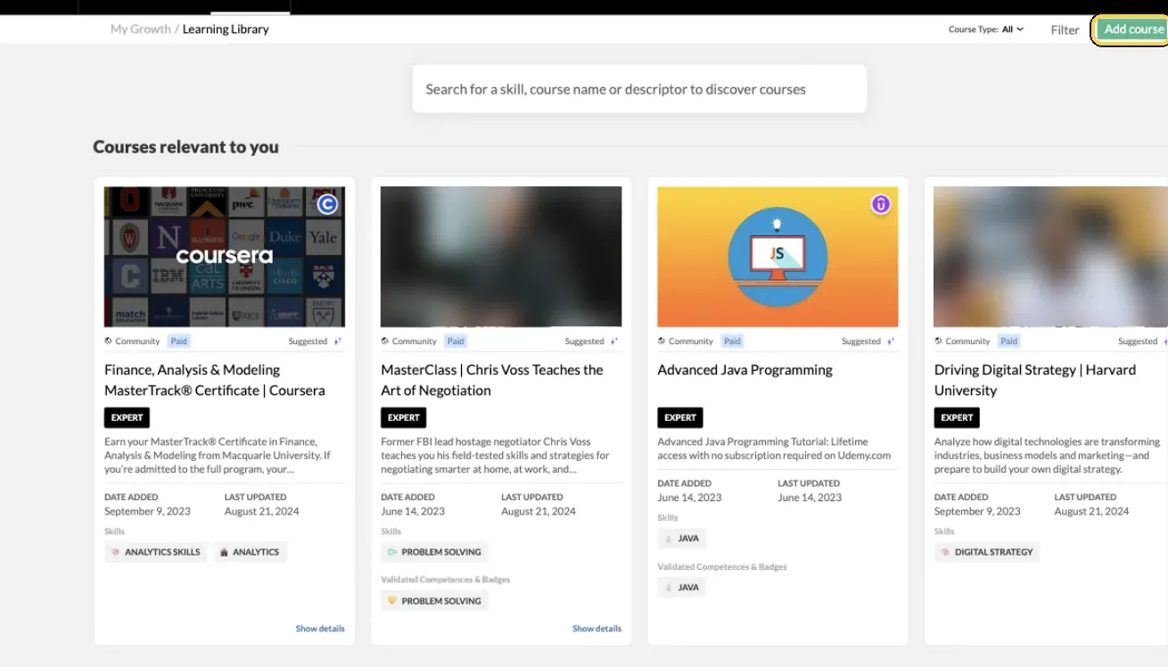 My Growth › Learning Library with courses relevant to you and the Add course button highlighted; course images blurred