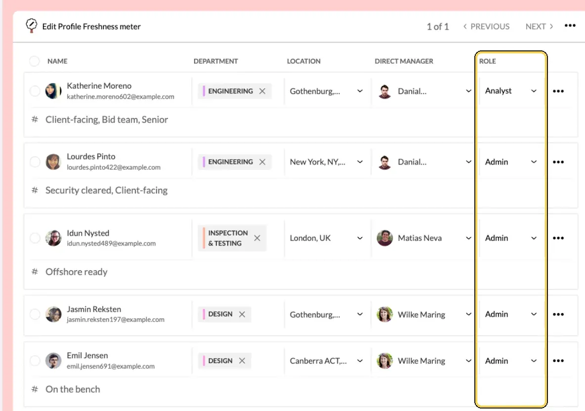 Manage Members with demo people and the Role column highlighted, showing Analyst and Admin