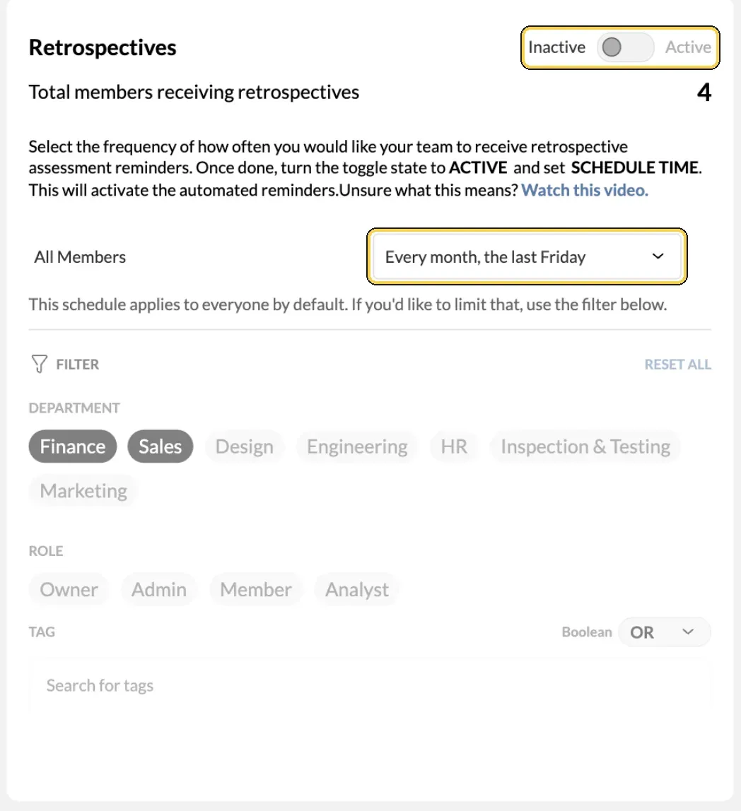 Manage Retros with the Inactive and Active switch and the schedule for All Members highlighted, above the department, role and tag filters