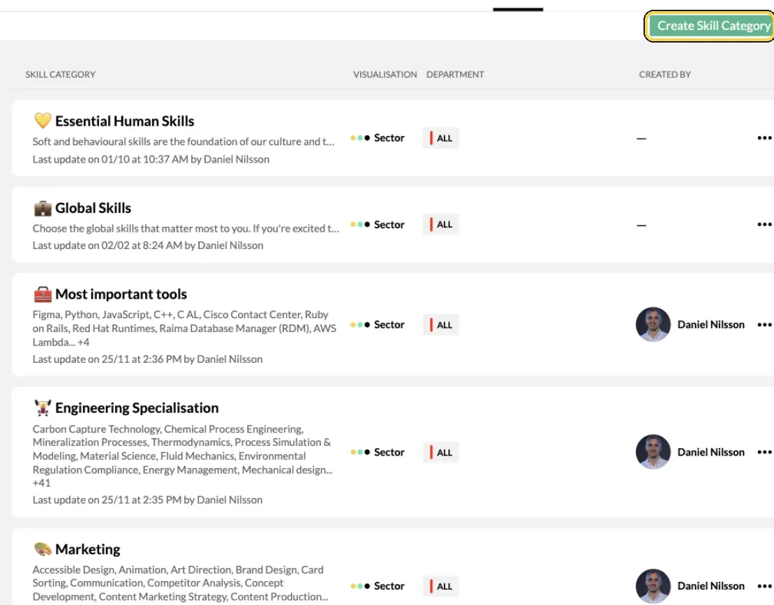 Manage Skills with the list of skill categories and the Create Skill Category button highlighted