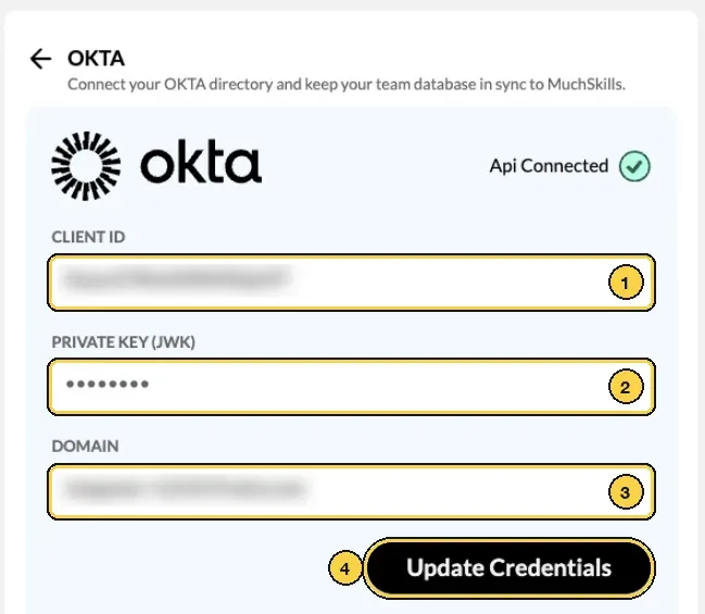 The OKTA form after connecting, numbered: 1 Client ID, 2 Private Key (JWK), 3 Domain, 4 Update Credentials, with the identifying values blurred