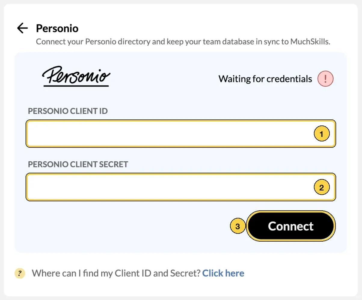 The Personio form in MuchSkills with its three parts numbered: 1 Personio Client ID, 2 Personio Client Secret, 3 the Connect button
